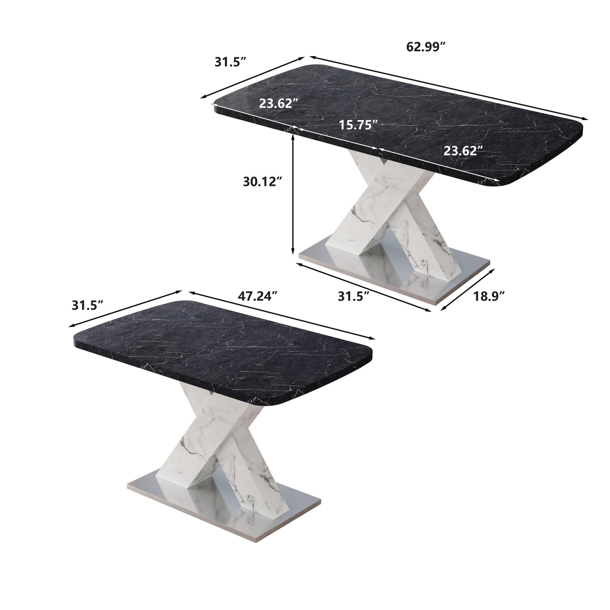 Modern Square Dining Table, Stretchable, White/Black Marble Table Top+MDF X-Shape Table Leg with Metal Base