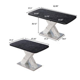 Modern Square Dining Table, Stretchable, White/Black Marble Table Top+MDF X-Shape Table Leg with Metal Base