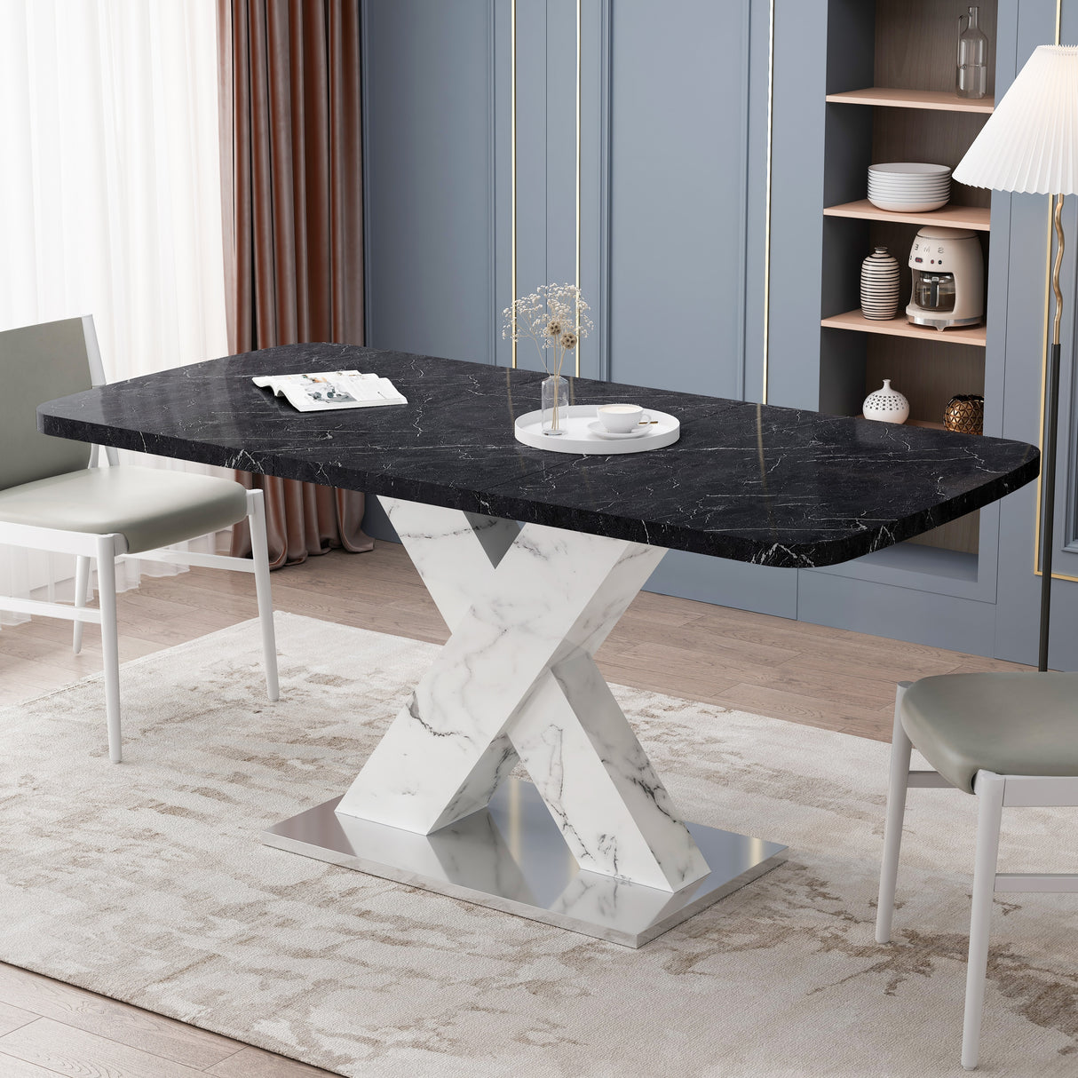 Modern Square Dining Table, Stretchable, White/Black Marble Table Top+MDF X-Shape Table Leg with Metal Base
