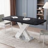 Modern Square Dining Table, Stretchable, White/Black Marble Table Top+MDF X-Shape Table Leg with Metal Base
