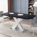 Modern Square Dining Table, Stretchable, White/Black Marble Table Top+MDF X-Shape Table Leg with Metal Base