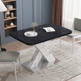 Modern Square Dining Table, Stretchable, White/Black Marble Table Top+MDF X-Shape Table Leg with Metal Base