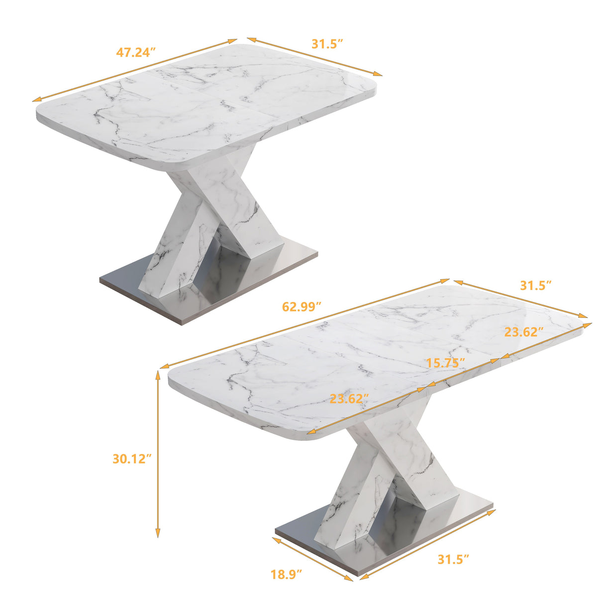Modern Square Dining Table, Stretchable, White/Black Marble Table Top+MDF X-Shape Table Leg with Metal Base