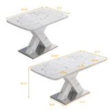Modern Square Dining Table, Stretchable, White/Black Marble Table Top+MDF X-Shape Table Leg with Metal Base