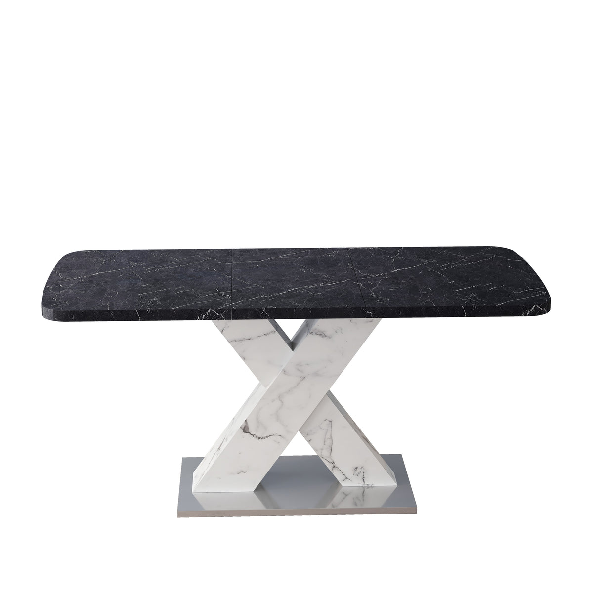 Modern Square Dining Table, Stretchable, White/Black Marble Table Top+MDF X-Shape Table Leg with Metal Base