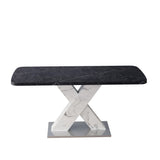 Modern Square Dining Table, Stretchable, White/Black Marble Table Top+MDF X-Shape Table Leg with Metal Base