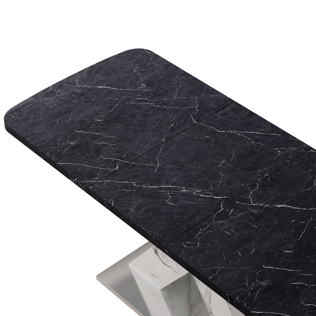Modern Square Dining Table, Stretchable, White/Black Marble Table Top+MDF X-Shape Table Leg with Metal Base