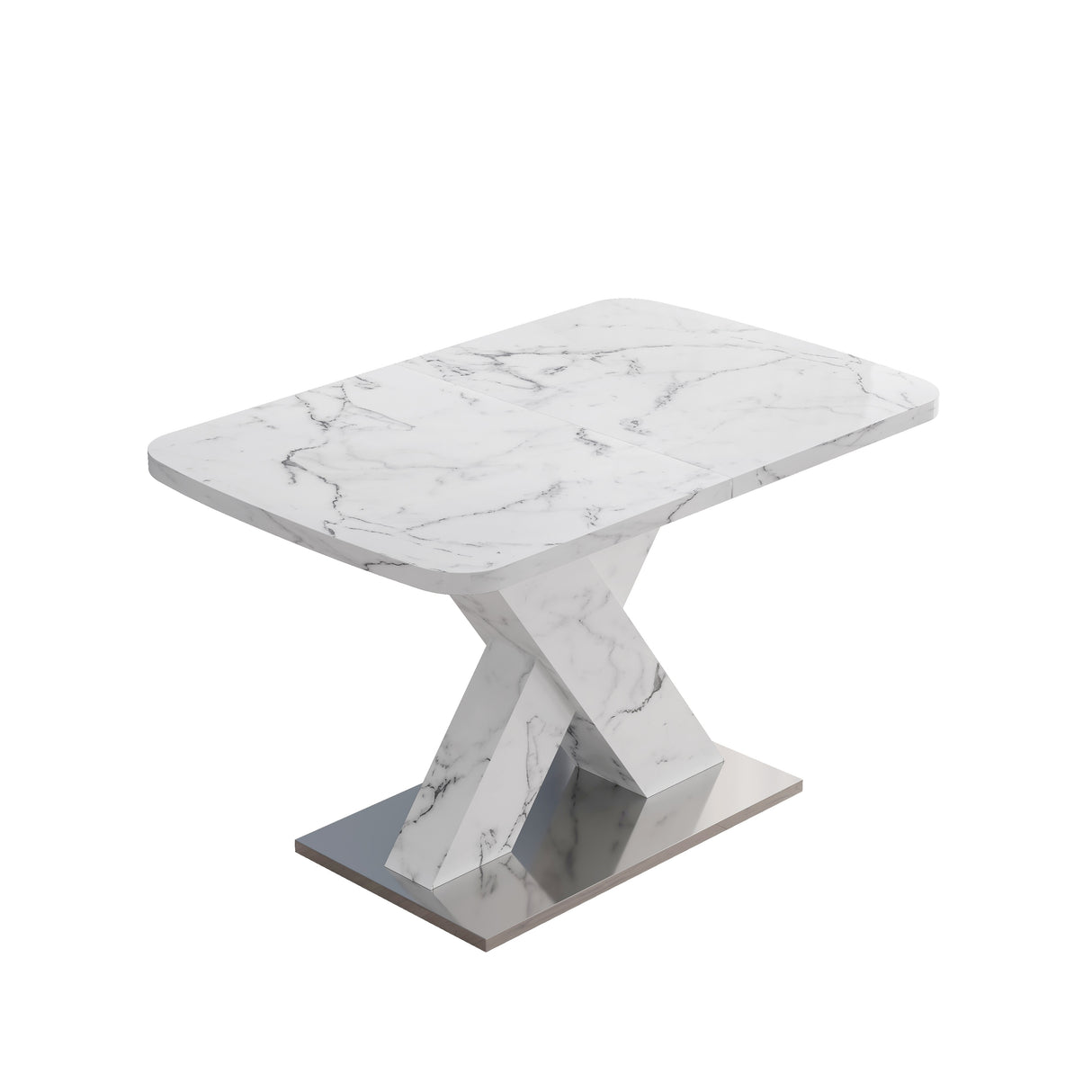 Modern Square Dining Table, Stretchable, White/Black Marble Table Top+MDF X-Shape Table Leg with Metal Base