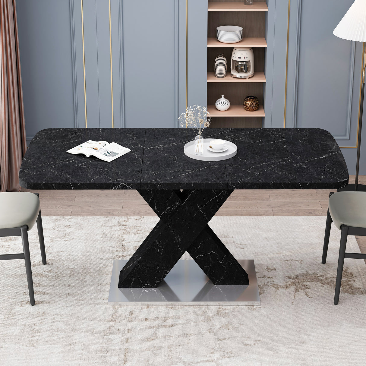 Modern Square Dining Table, Stretchable, White/Black Marble Table Top+MDF X-Shape Table Leg with Metal Base