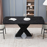 Modern Square Dining Table, Stretchable, White/Black Marble Table Top+MDF X-Shape Table Leg with Metal Base