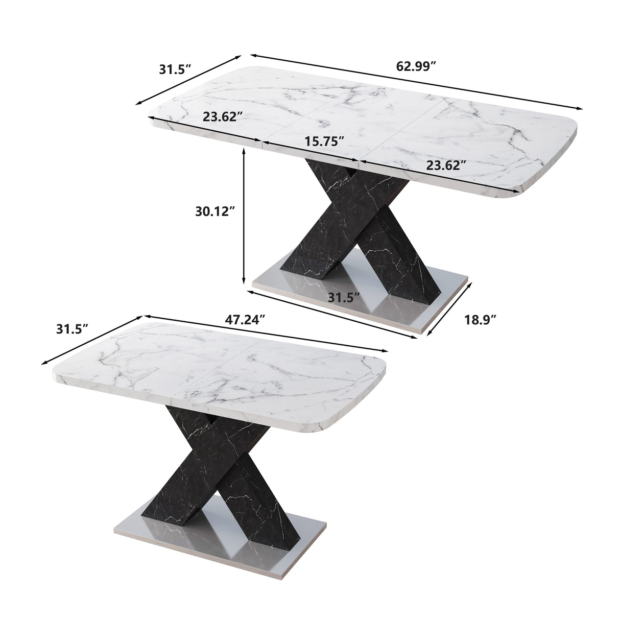 Modern Square Dining Table, Stretchable, White/Black Marble Table Top+MDF X-Shape Table Leg with Metal Base