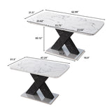 Modern Square Dining Table, Stretchable, White/Black Marble Table Top+MDF X-Shape Table Leg with Metal Base