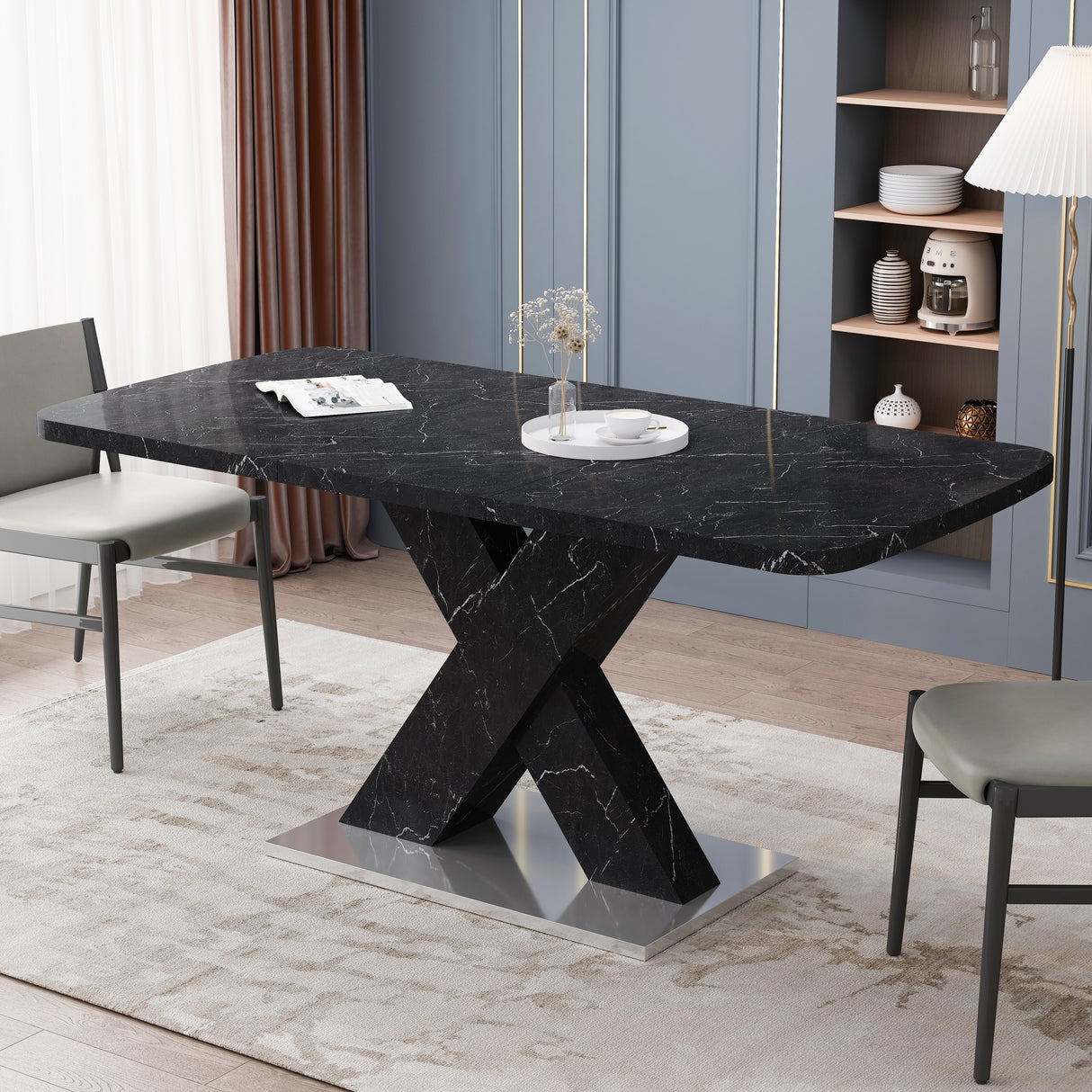 Modern Square Dining Table, Stretchable, White/Black Marble Table Top+MDF X-Shape Table Leg with Metal Base
