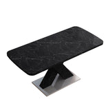 Modern Square Dining Table, Stretchable, White/Black Marble Table Top+MDF X-Shape Table Leg with Metal Base