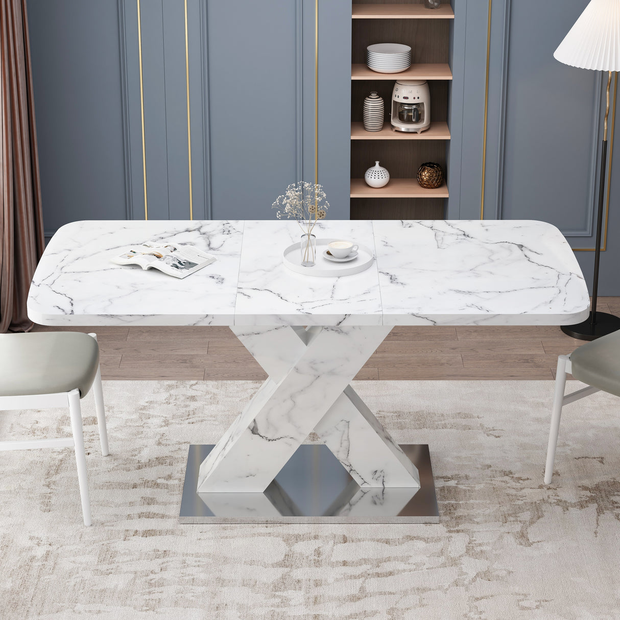 Modern Square Dining Table, Stretchable, White/Black Marble Table Top+MDF X-Shape Table Leg with Metal Base