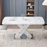 Modern Square Dining Table, Stretchable, White/Black Marble Table Top+MDF X-Shape Table Leg with Metal Base