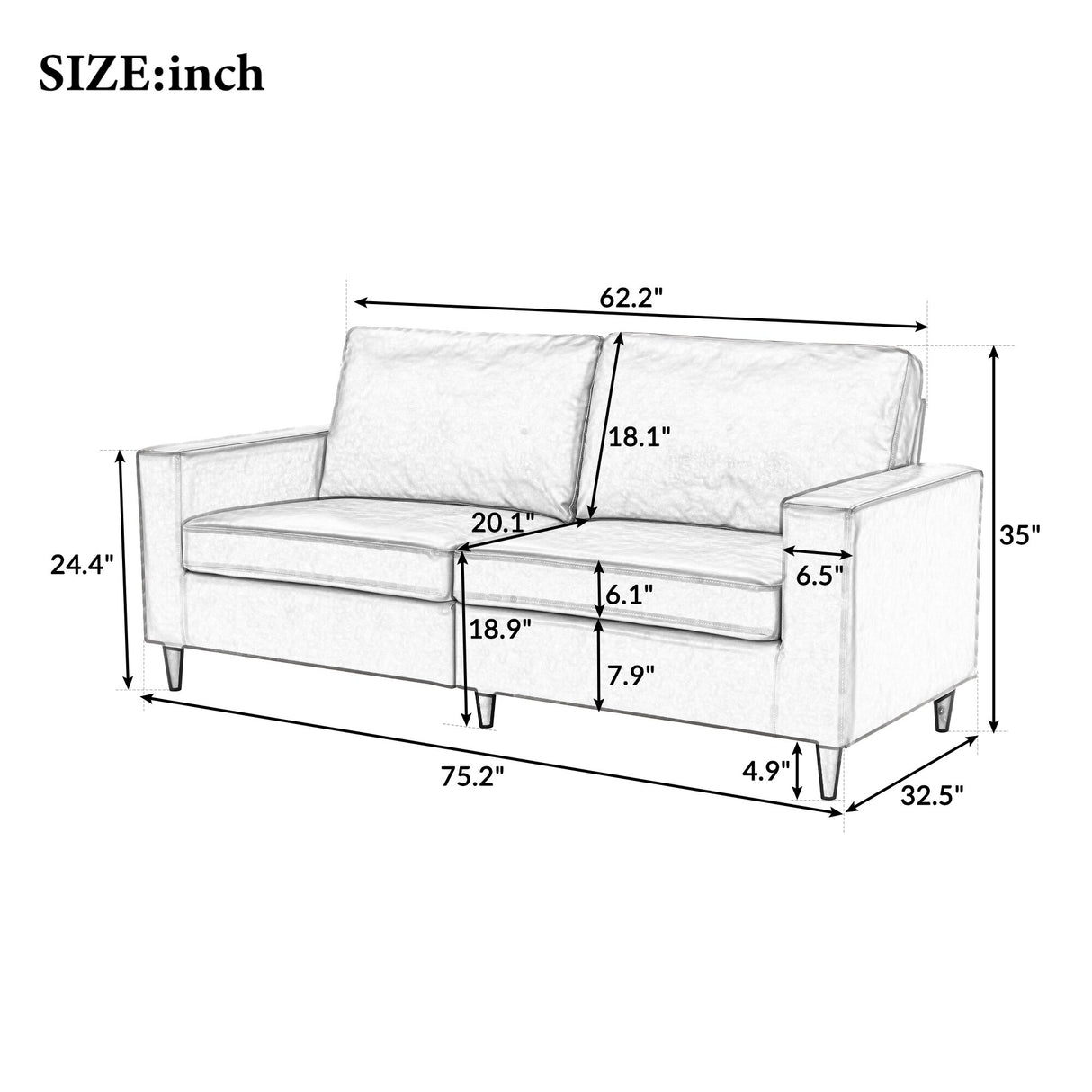 Modern Style 2-Seat Sofa PU Leather Upholstered Couch Furniture for Home Office