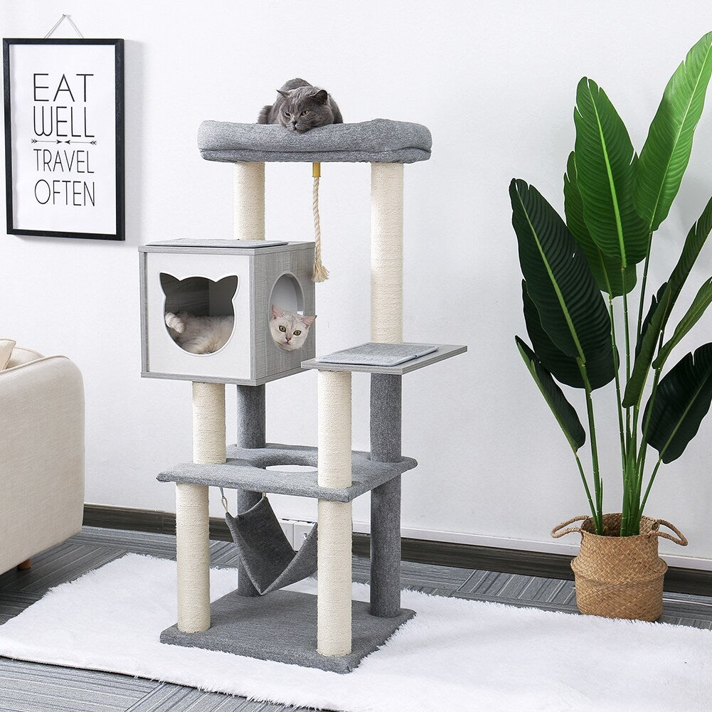 Modern Style 52 Inches Cat Tree Multi-Level Wooden Cat Tower