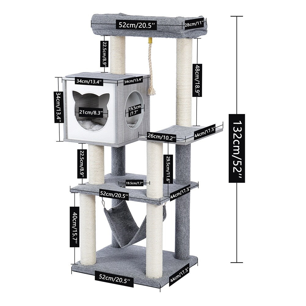 Modern Style 52 Inches Cat Tree Multi-Level Wooden Cat Tower