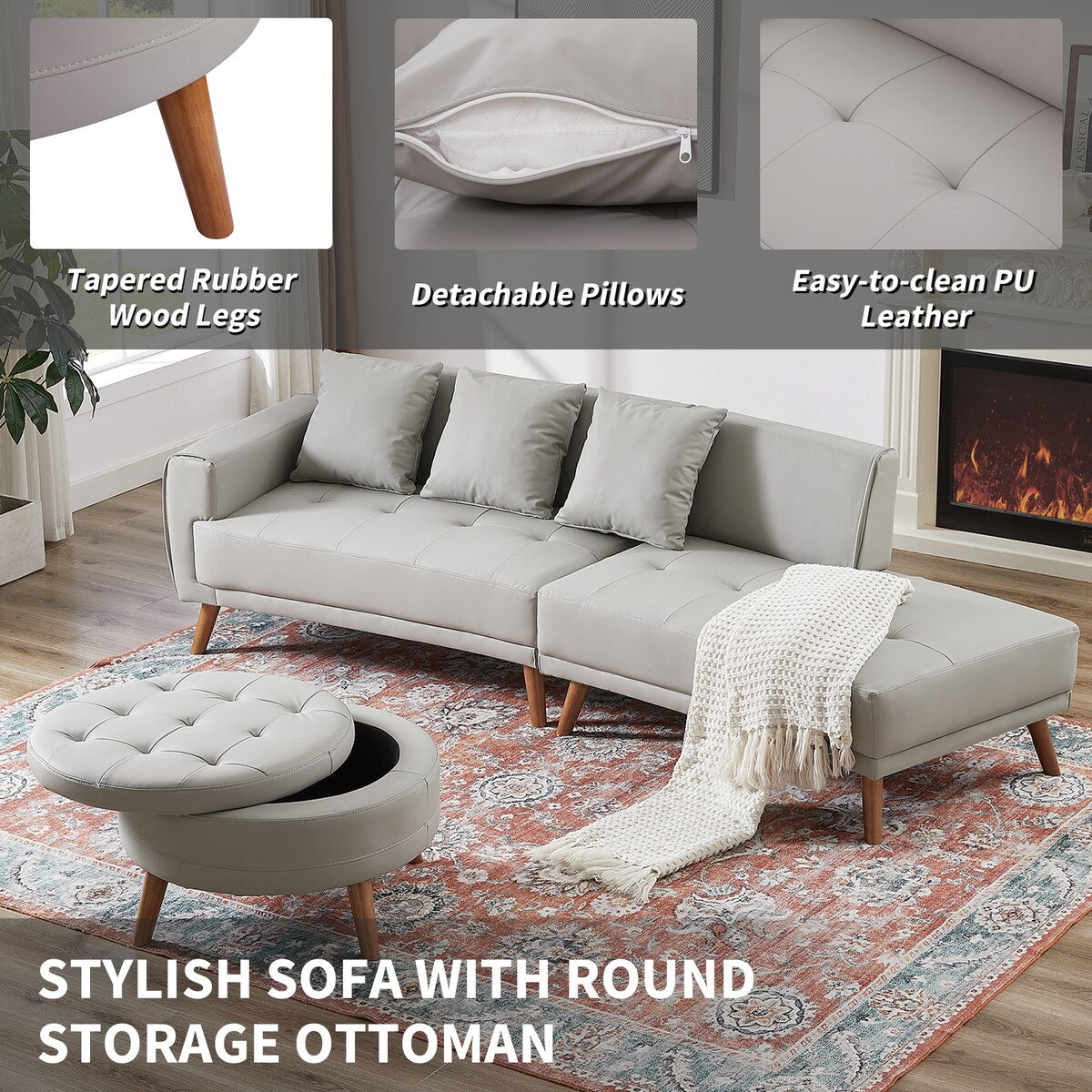 Modern Style Curved PU Leather Sofa Couch with Movable Storage Ottoman and Pillows