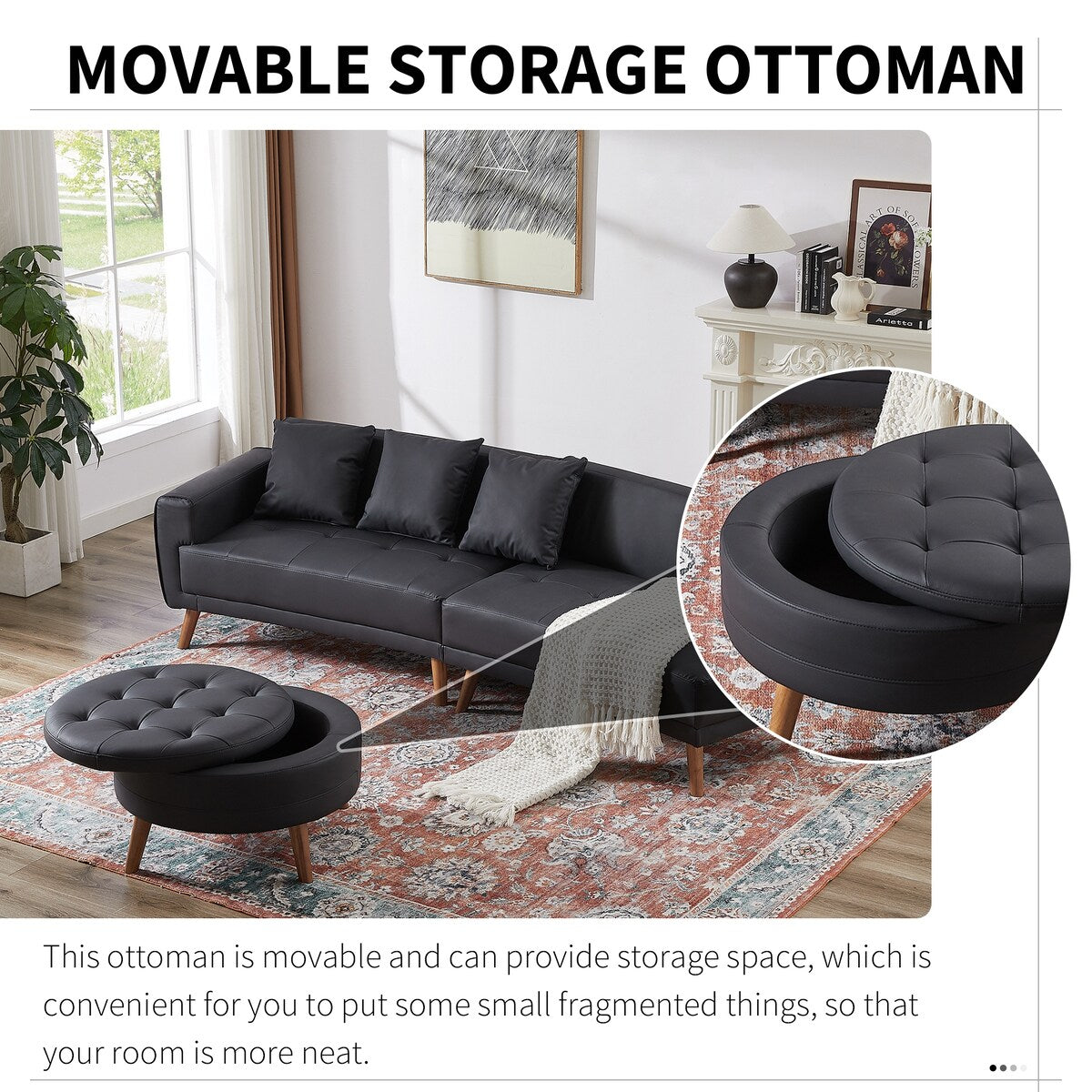 Modern Style Curved PU Leather Sofa Couch with Movable Storage Ottoman and Pillows