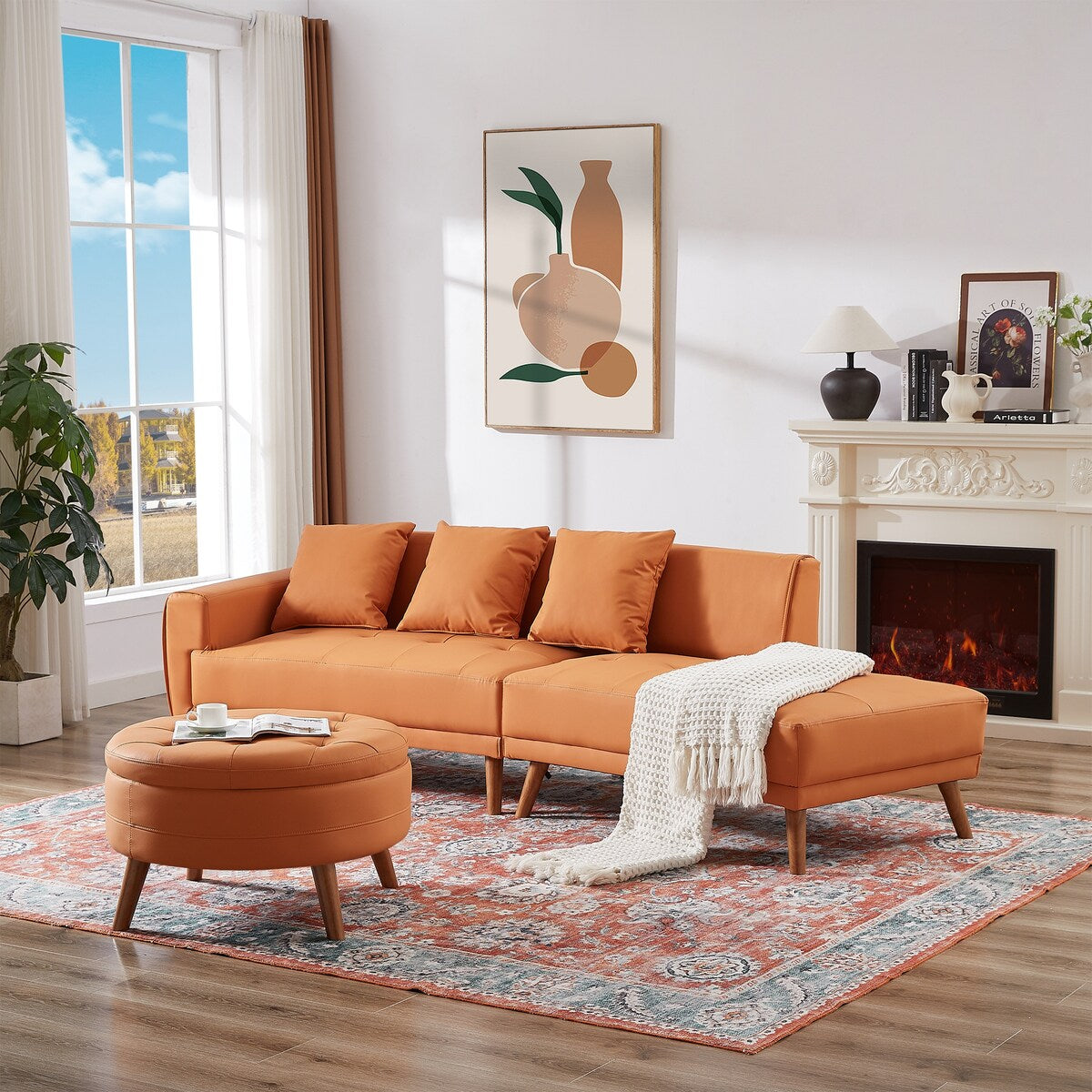 Modern Style Curved PU Leather Sofa Couch with Movable Storage Ottoman and Pillows