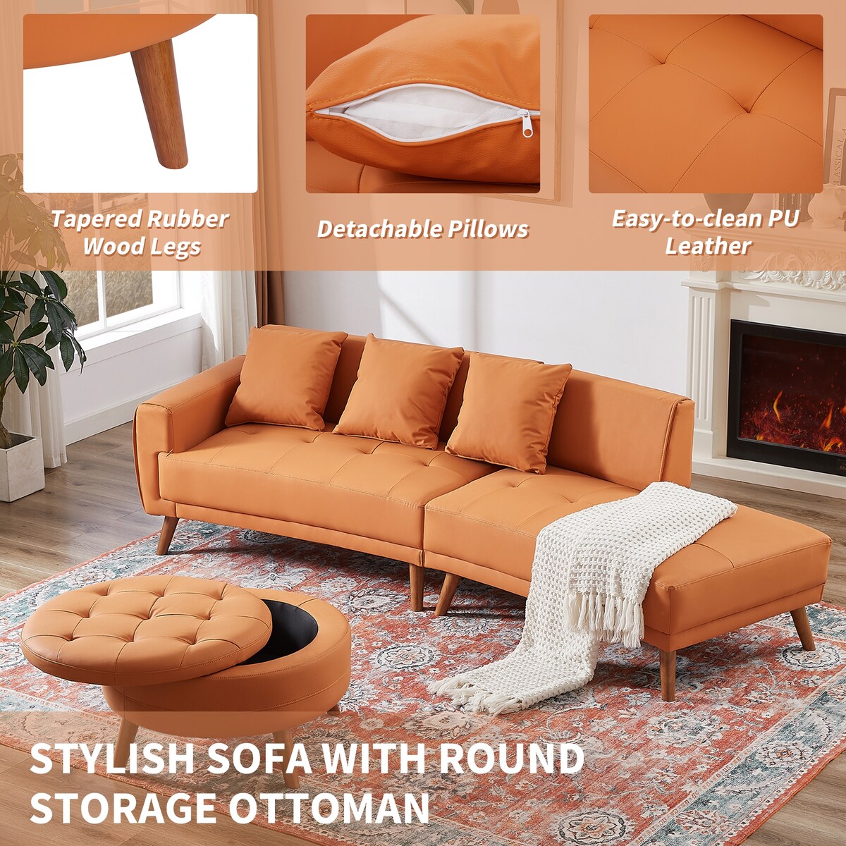 Modern Style Curved PU Leather Sofa Couch with Movable Storage Ottoman and Pillows