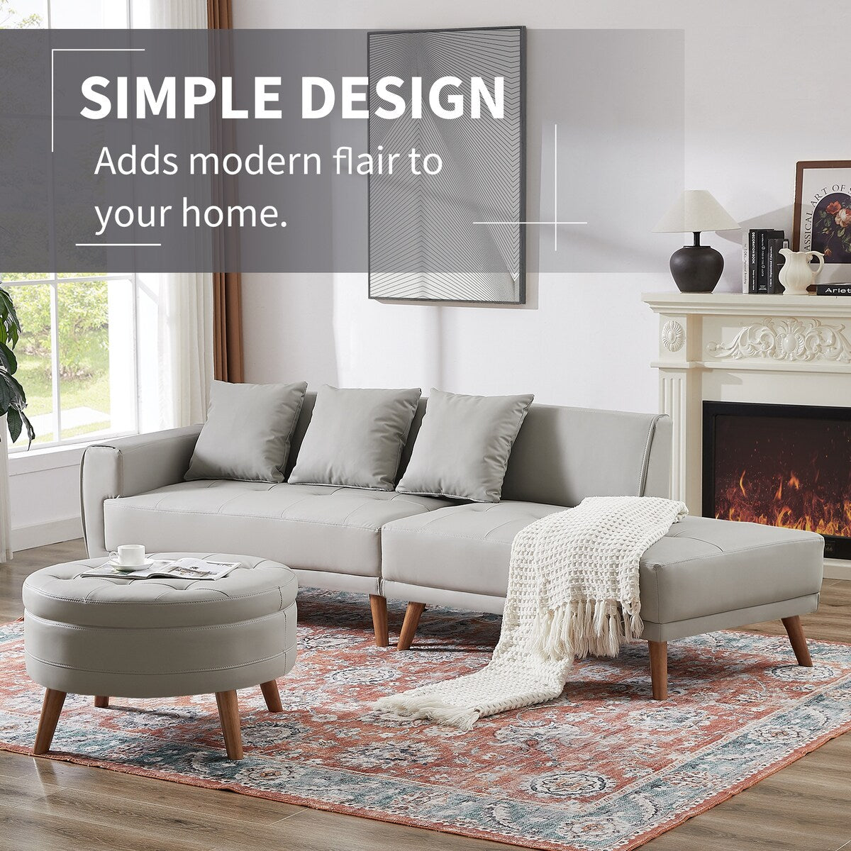 Modern Style Curved PU Leather Sofa Couch with Movable Storage Ottoman and Pillows