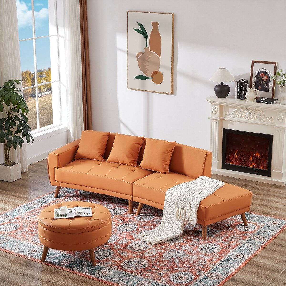 Modern Style Curved PU Leather Sofa Couch with Movable Storage Ottoman and Pillows