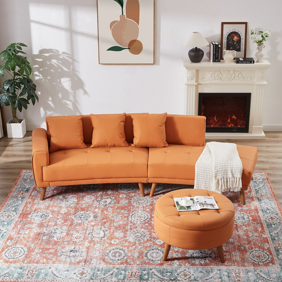 Modern Style Curved PU Leather Sofa Couch with Movable Storage Ottoman