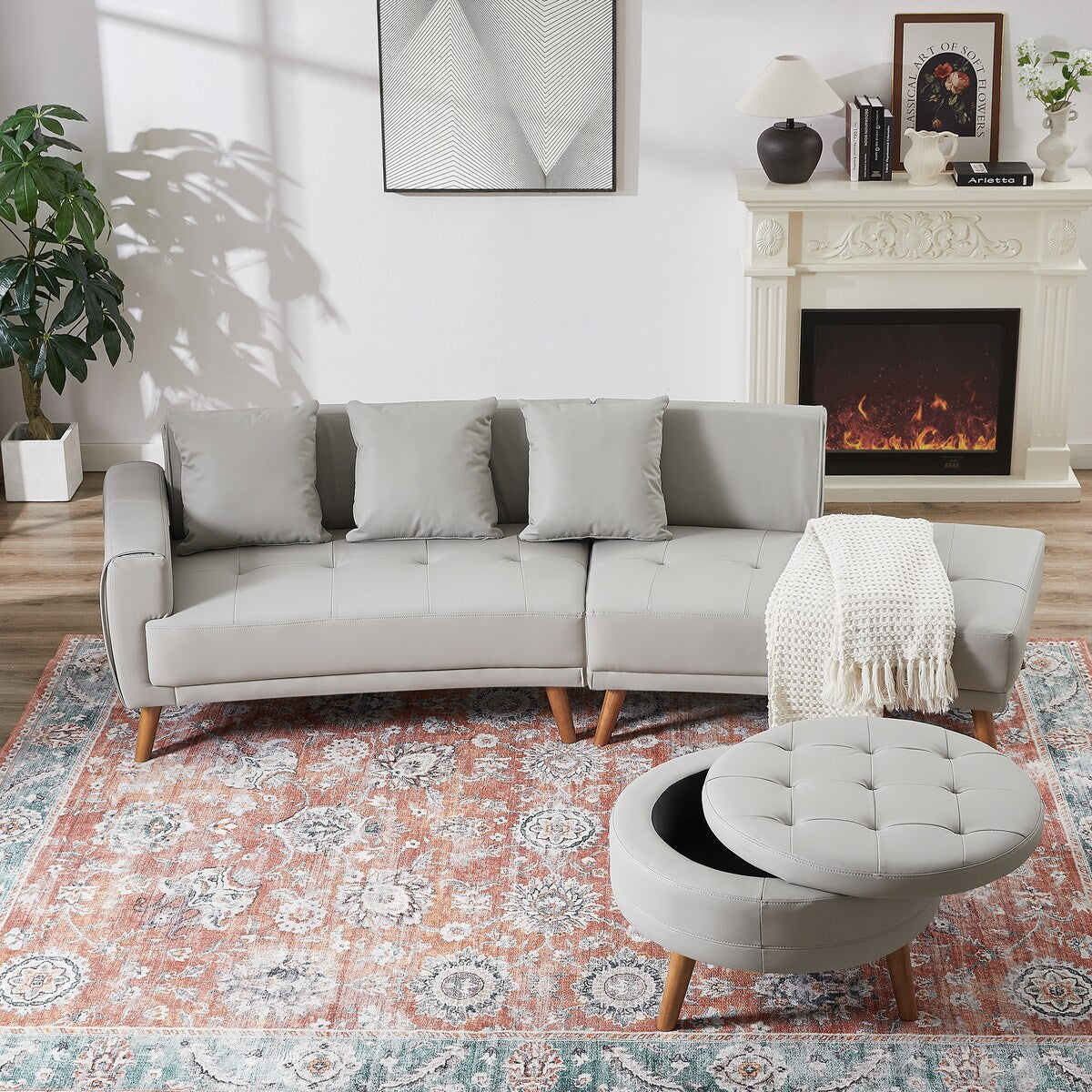 Modern Style Curved PU Leather Sofa Couch with Movable Storage Ottoman and Pillows
