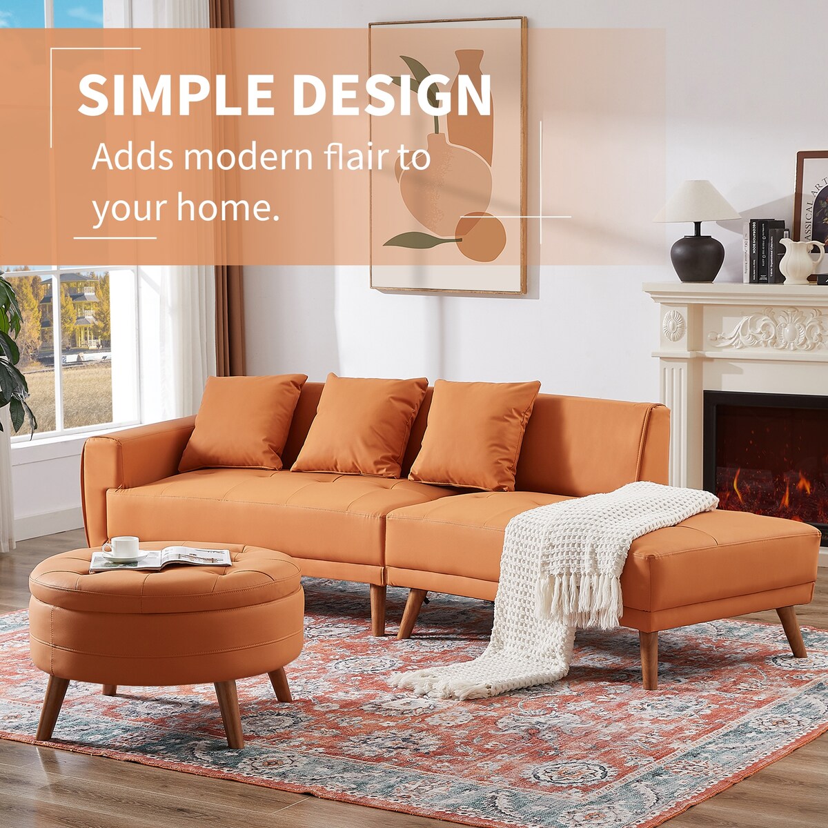 Modern Style Curved PU Leather Sofa Couch with Movable Storage Ottoman and Pillows