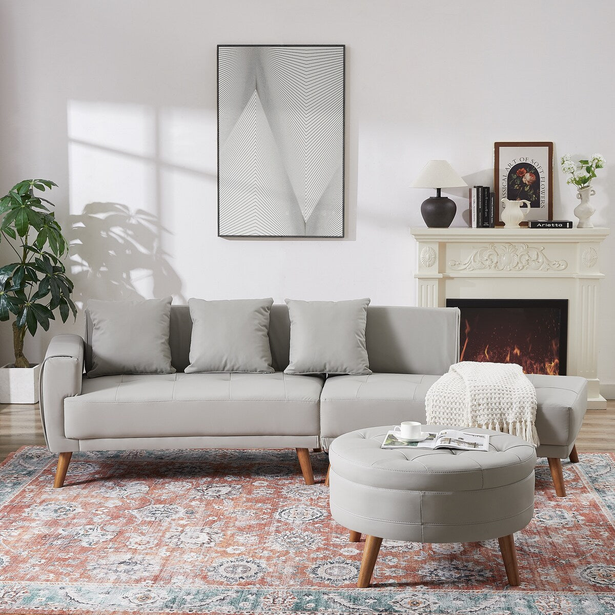 Modern Style Curved PU Leather Sofa Couch with Movable Storage Ottoman and Pillows