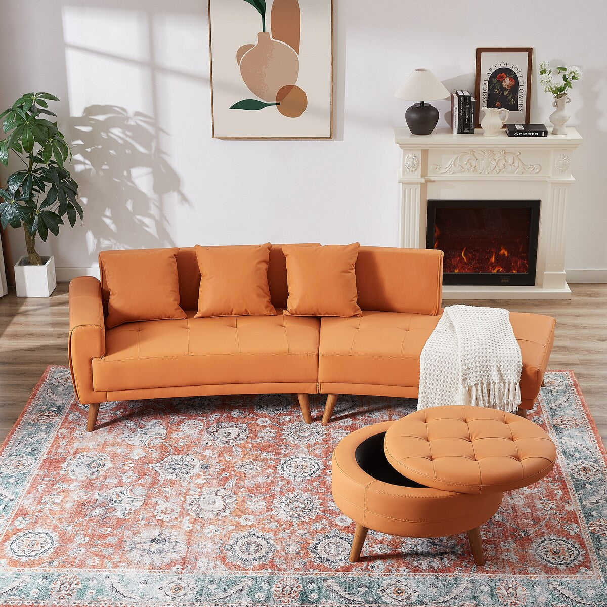 Modern Style Curved PU Leather Sofa Couch with Movable Storage Ottoman and Pillows