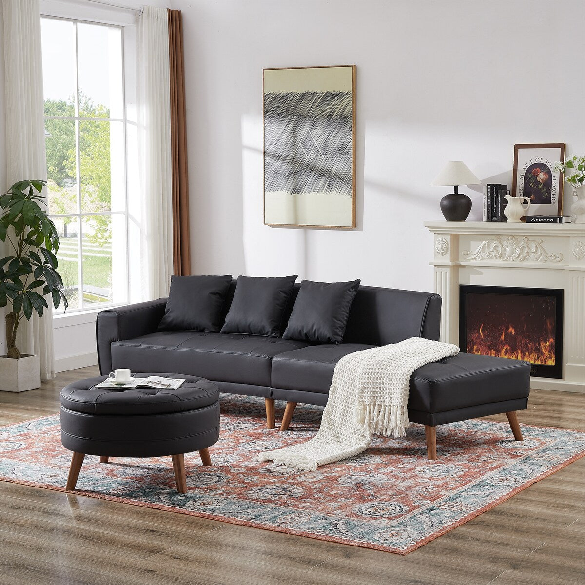 Modern Style Curved PU Leather Sofa Couch with Movable Storage Ottoman and Pillows