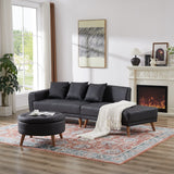 Modern Style Curved PU Leather Sofa Couch with Movable Storage Ottoman and Pillows