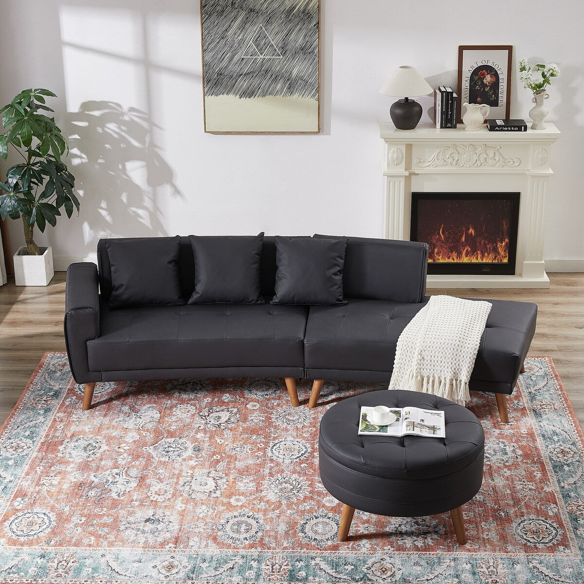 Modern Style Curved PU Leather Sofa Couch with Movable Storage Ottoman and Pillows