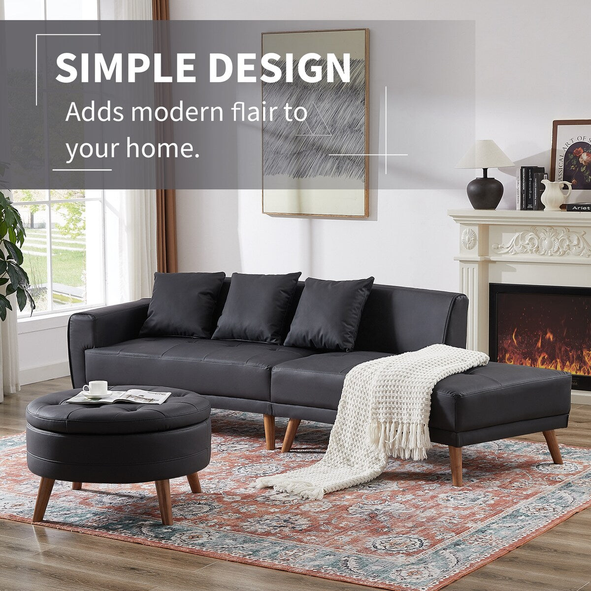 Modern Style Curved PU Leather Sofa Couch with Movable Storage Ottoman and Pillows