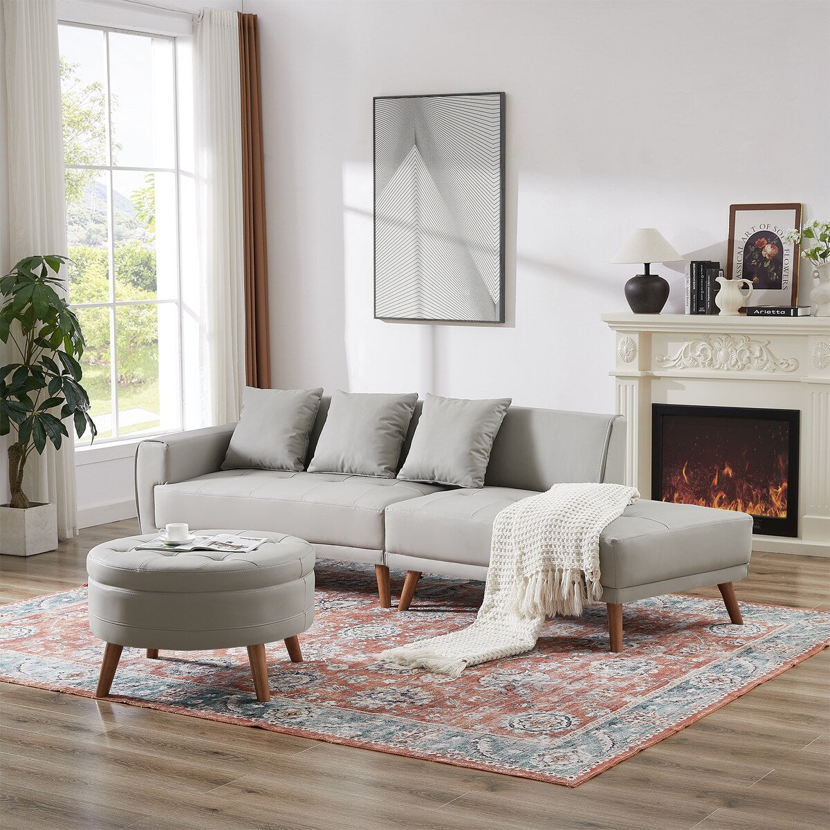 Modern Style Curved PU Leather Sofa Couch with Movable Storage Ottoman and Pillows
