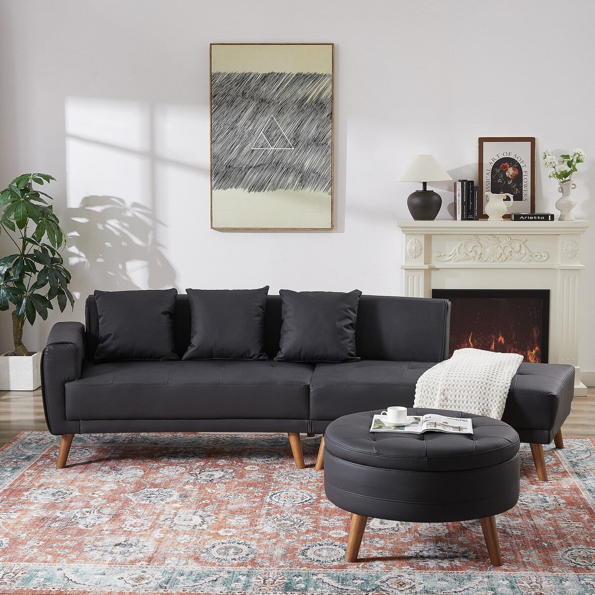 Modern Style Curved PU Leather Sofa Couch with Movable Storage Ottoman and Pillows
