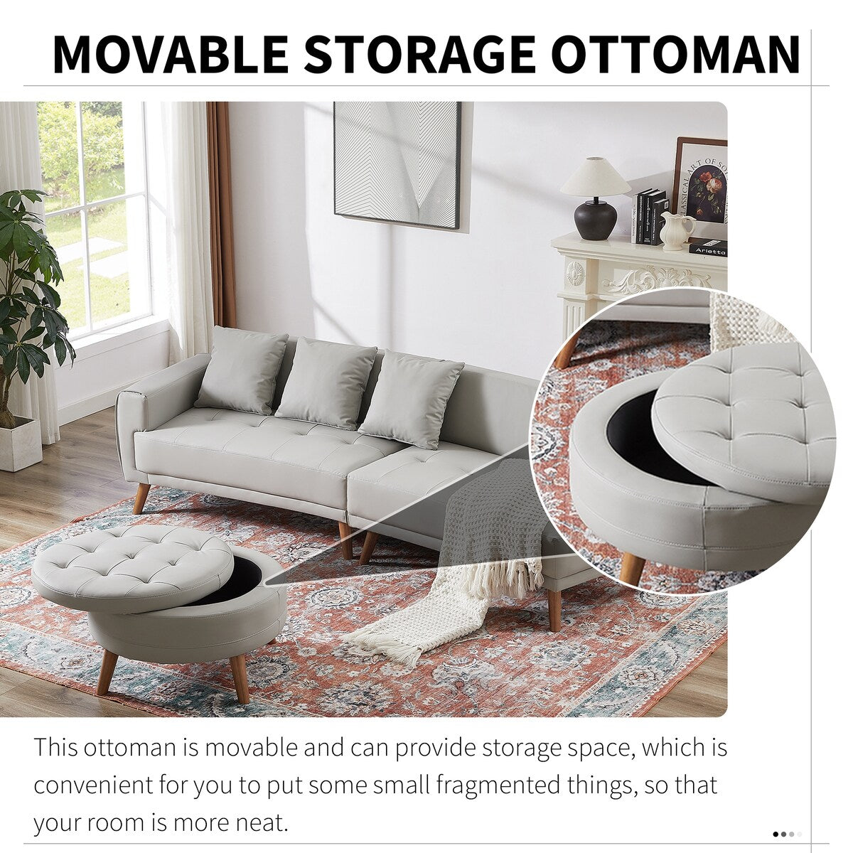 Modern Style Curved PU Leather Sofa Couch with Movable Storage Ottoman and Pillows