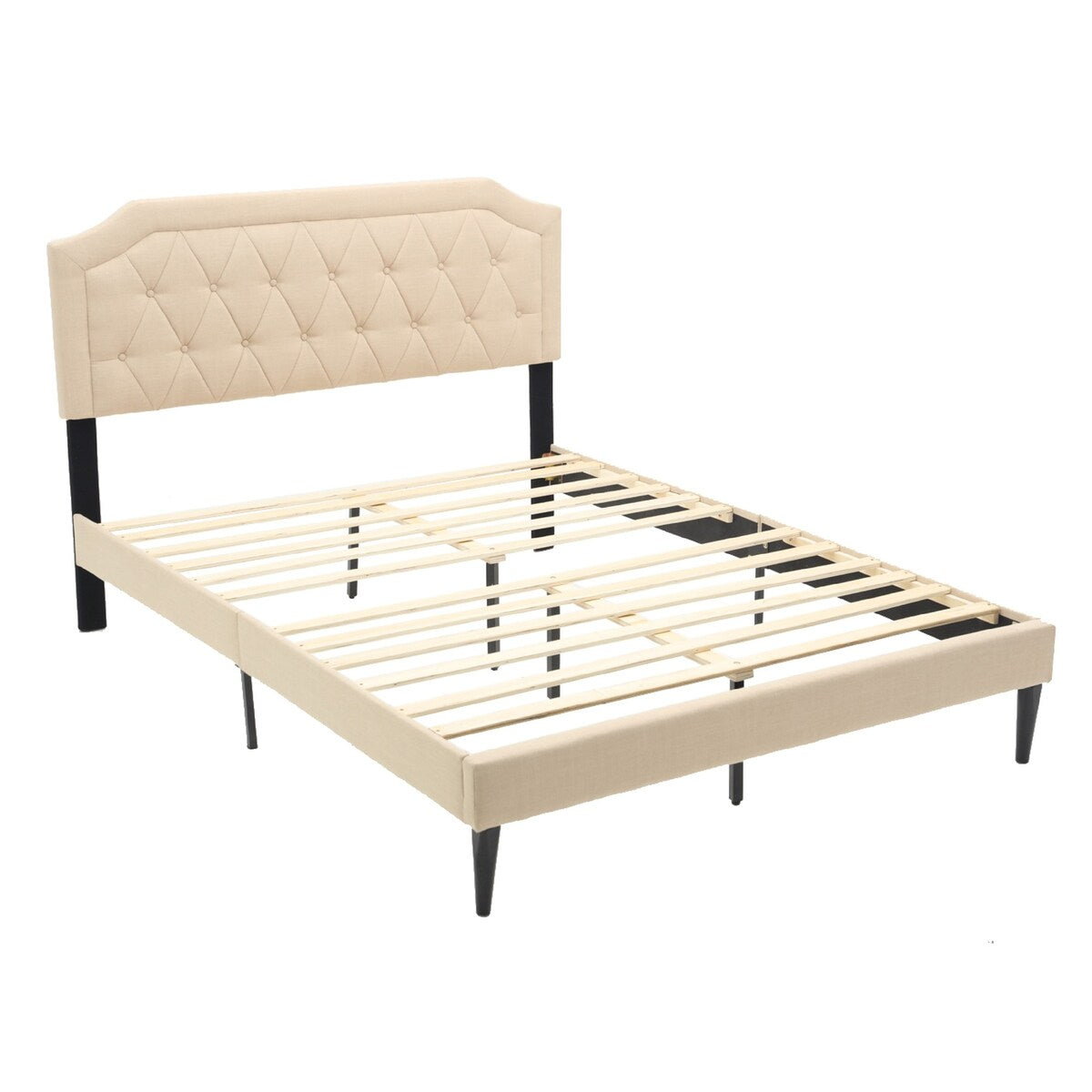 Modern Style Linen Upholstered Bed with Curved Design, Fabric and Wood Leg, Nailhead Detailing, Queen Size