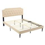 Modern Style Linen Upholstered Bed with Curved Design, Fabric and Wood Leg, Nailhead Detailing, Queen Size