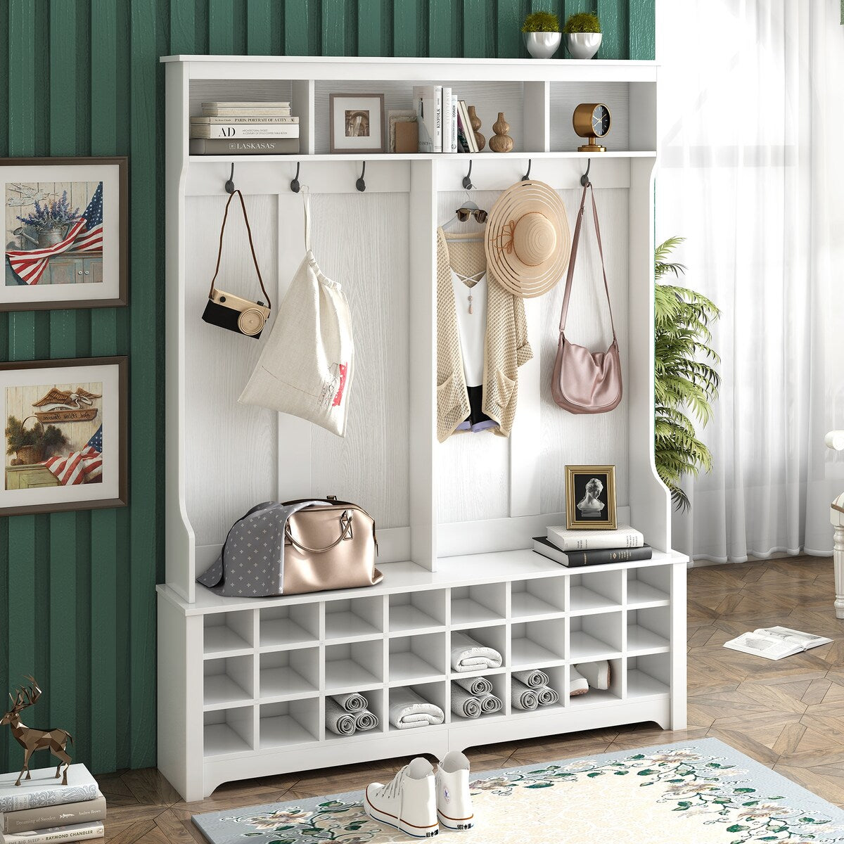 Modern Style Multiple Functions Hallway Coat Rack with Metal Black Hooks