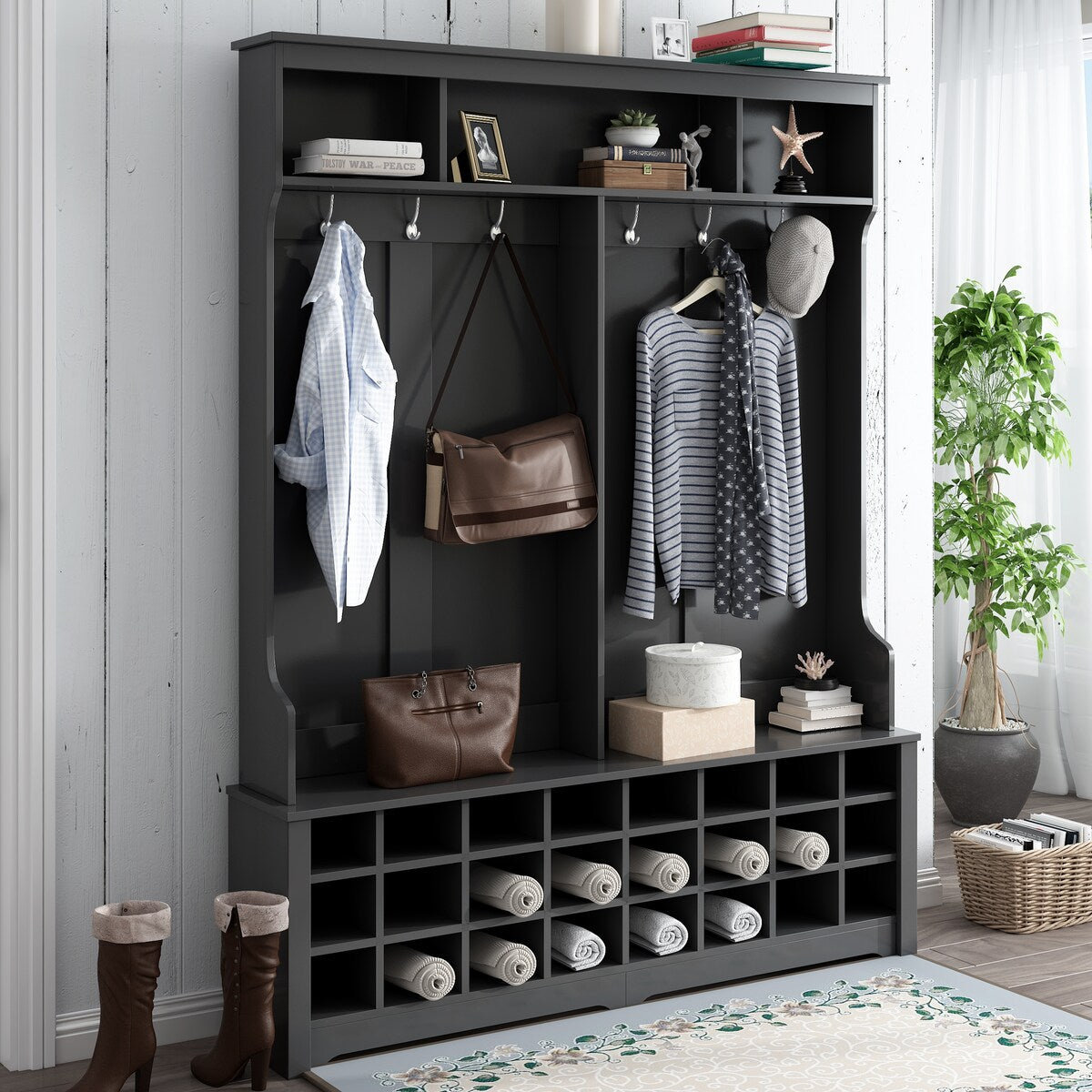 Modern Style Multiple Functions Hallway Coat Rack with Metal Black Hooks