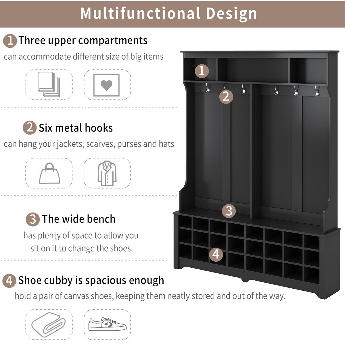 Modern Style Multiple Functions Hallway Coat Rack with Metal Black Hooks