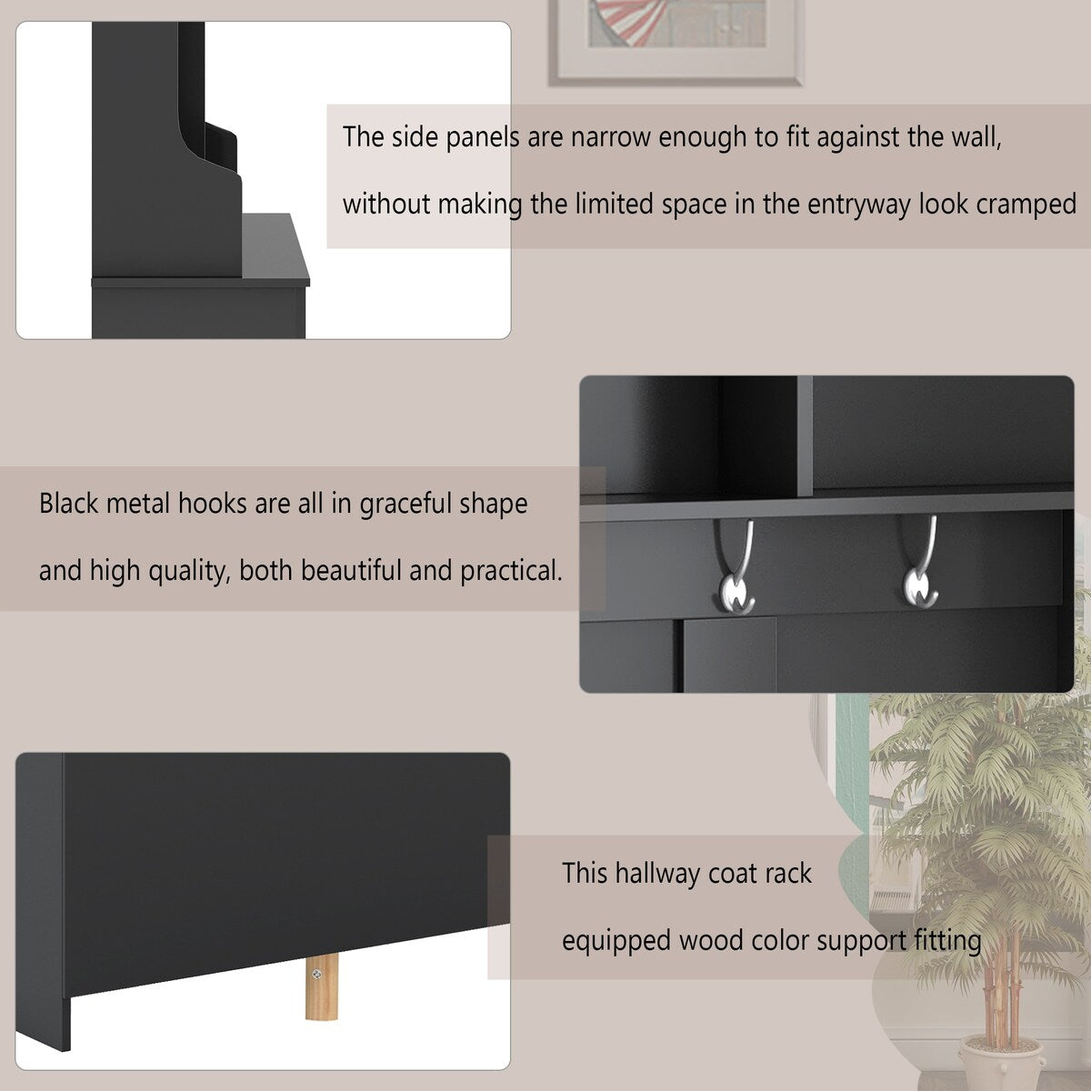 Modern Style Multiple Functions Hallway Coat Rack with Metal Black Hooks