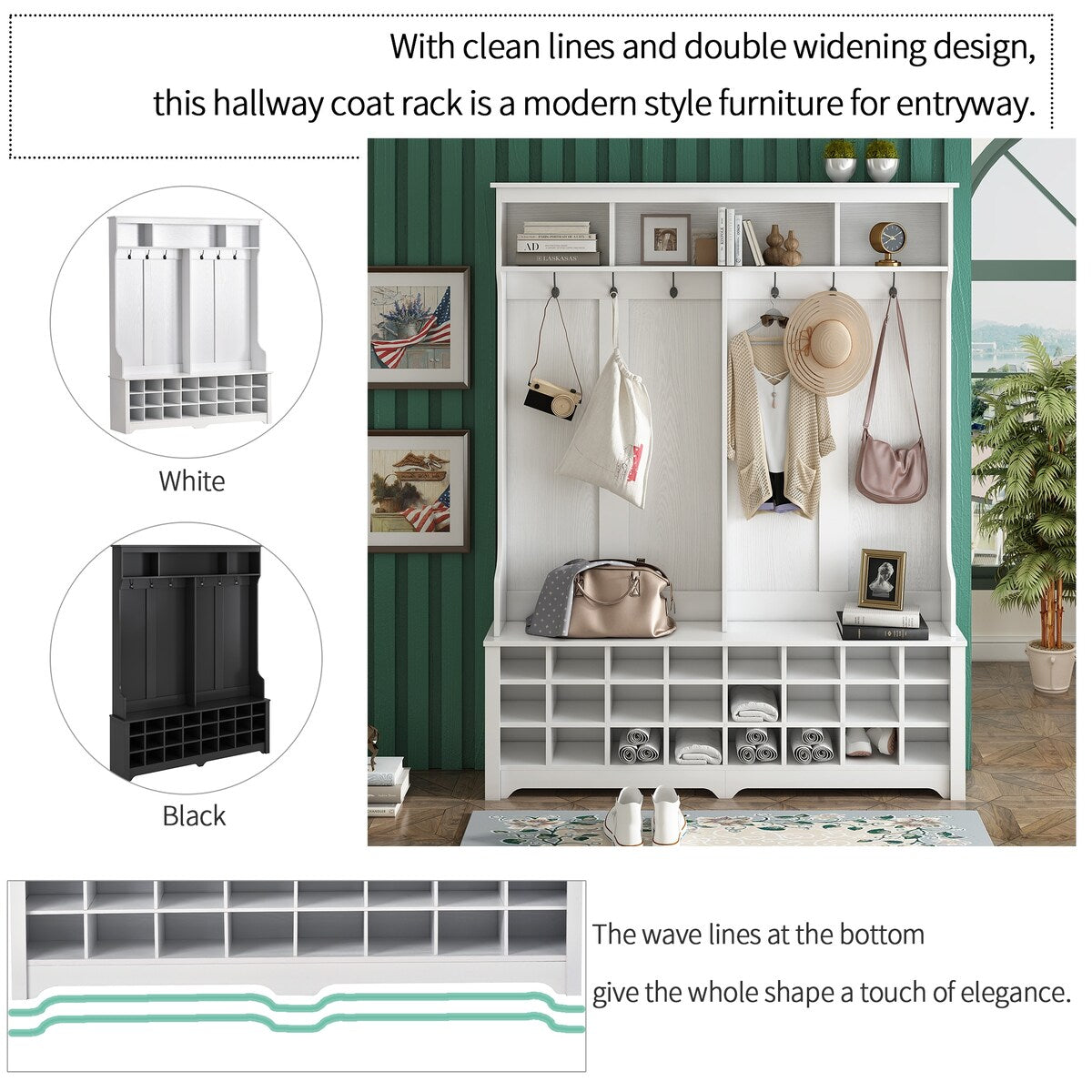 Modern Style Multiple Functions Hallway Coat Rack with Metal Black Hooks