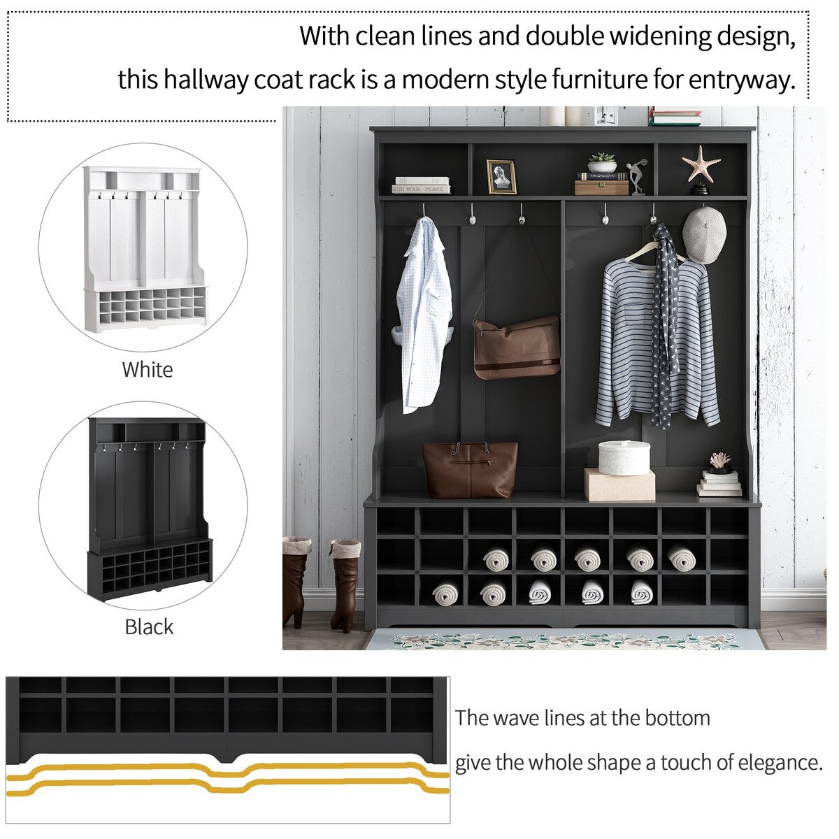 Modern Style Multiple Functions Hallway Coat Rack with Metal Black Hooks