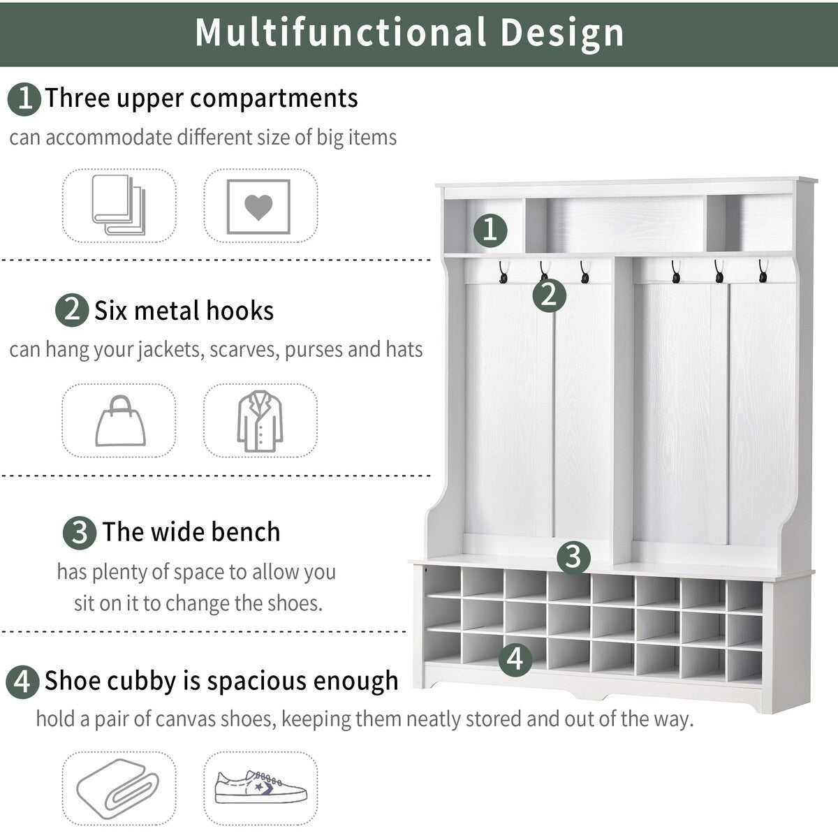 Modern Style Multiple Functions Hallway Coat Rack with Metal Black Hooks
